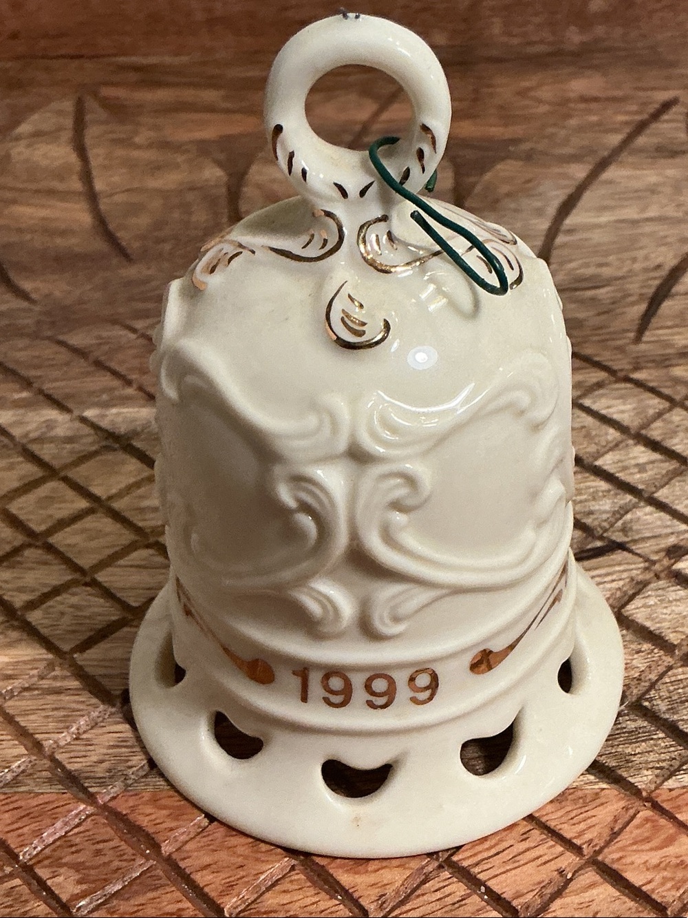 1999 Decorative Porcelain Bell Ornament - Ivory with Gold Accents